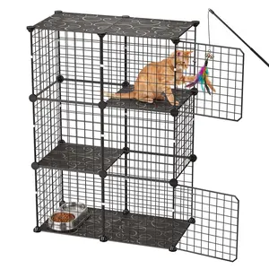 VEVOR Cat Cage 3-Tier 28"x13.98"x40.98" DIY Cat Playpen Indoor Enclosure, Detachable Metal Wire Kennel Crate, Large Exercise Place Ideal for 1-2 Cats, Kittens, Rabbits, Ferrets & Small Animals, Black