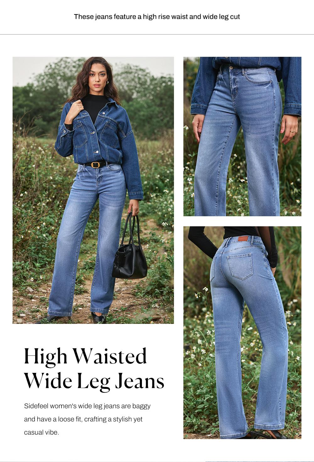 Sidefeel Women's Wide Leg Jeans Casual High Waisted Straight Zimbaplatinum Denim Pants with Pockets