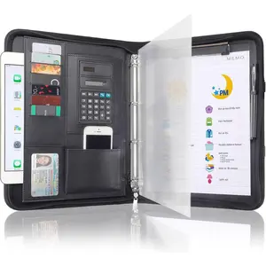 Zipped Portfolio Binders for Men and Women - Leather Padfolio Business Planner Notebook Organizer with Zipper and Calculator- Holder for Tablet, Documents, Cards, Notebook, Notepad
