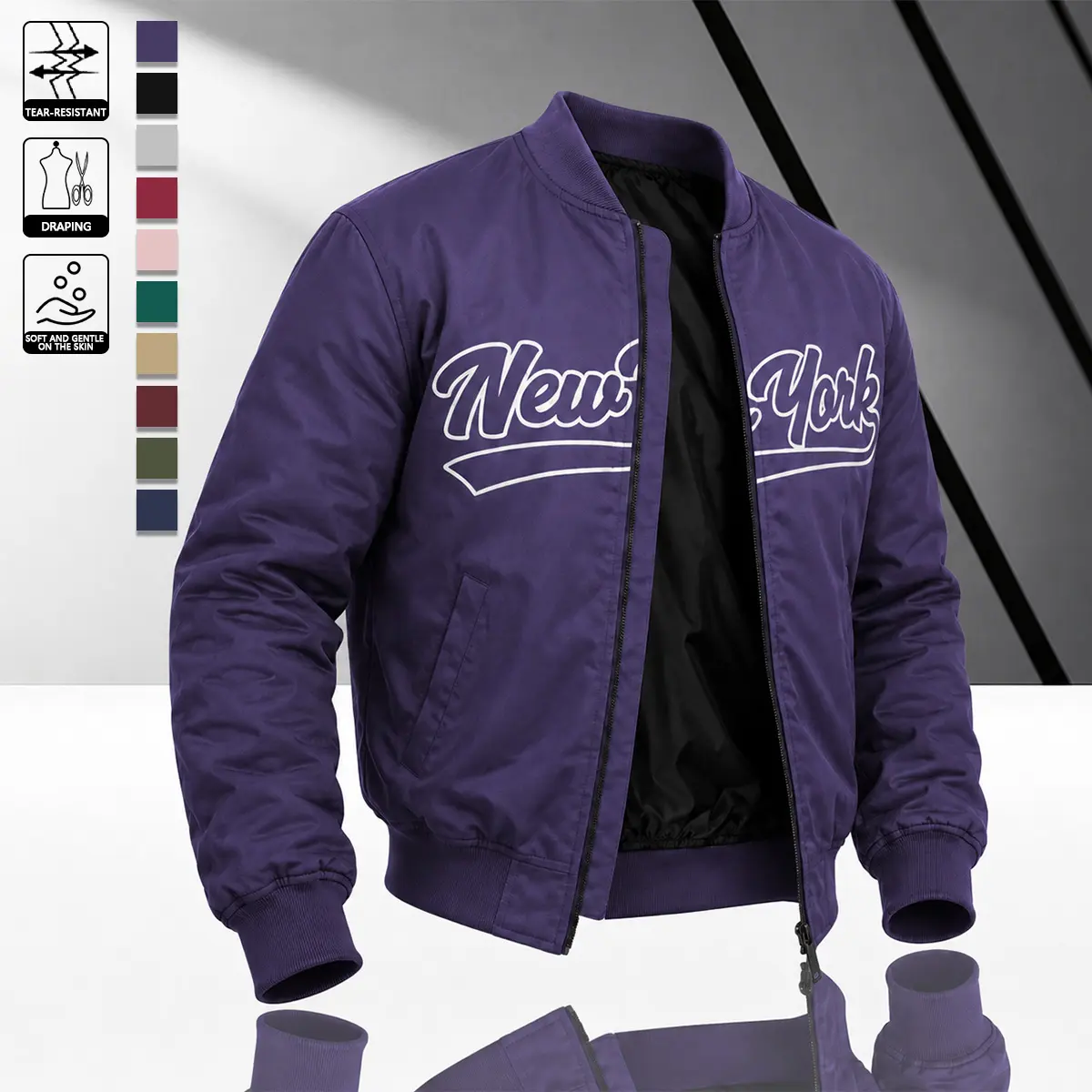 Men’s purple baseball-style aviator jacket featuring “New York” handwritten print, ribbed collar/cuffs/hem, full zip closure and lining, suitable for streetwear, retro casual looks, and all-season wear.