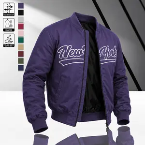 Men’s purple baseball-style aviator jacket featuring “New York” handwritten print, ribbed collar/cuffs/hem, full zip closure and lining, suitable for streetwear, retro casual looks, and all-season wear.