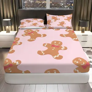 3Pcs Gingerbread Cookie Christmas Fitted Sheet Three Piece Set (1*Fitted Sheet+2*Pillowcases, Coreless), Holiday theme, Cozy Bedroom, Festive Home Bedding Set, Mattress protector Soft, Breathable