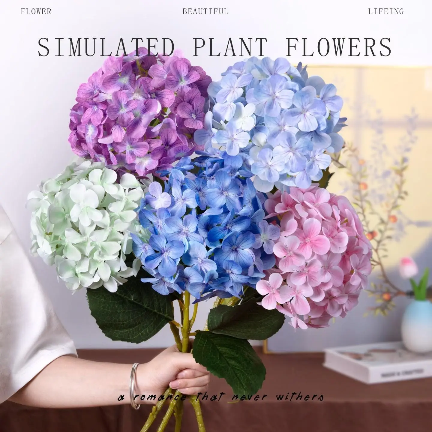 2026 new product - 5-piece large-sized realistic hydrangea flower arrangement, Faux Decorative Flower bouquet. Stem made of latex material, which replicates flower shape. Used as dining table centerpiece, wedding bouquet material