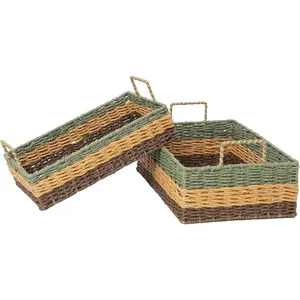 Rectangle Woven Paper Rope Storage Basket with Iron Frame,Basket with handles for  Decor, Shelf & Desktop Organizing (Mix green yellow brown)