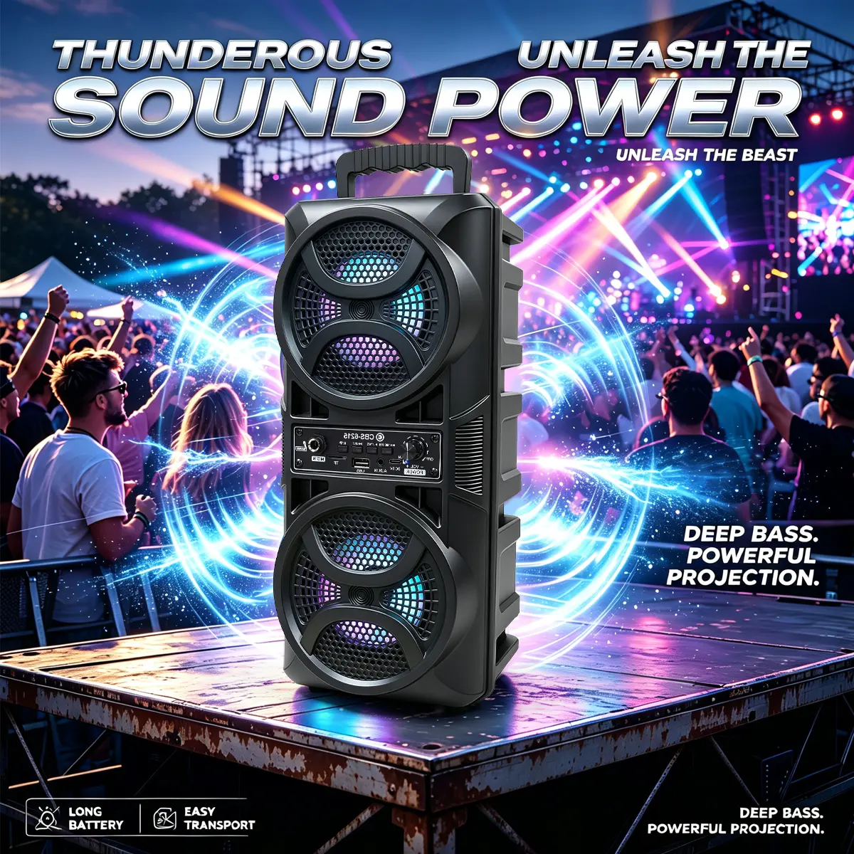 High-capacity portable wireless party speaker with heavy bass and handheld microphone; features RGB gradient lighting and supports USB, TF card, FM radio, and Aux input—ideal for home parties, camping, and backyard gatherings.