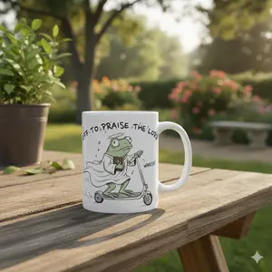 Funny Christian Frog Riding Scooter Mug - Off To Praise The Lord - Cute Religious Froggy Gift for Friends, Coworkers