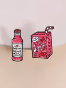 Self-Love Enamel Pin Set, 100% Organic Nourishing Badge, Sauce Bottle and Juice Box Shapes, Uplifting Messages, Perfect for Women's Daily Encouragement and Positive Lifestyle