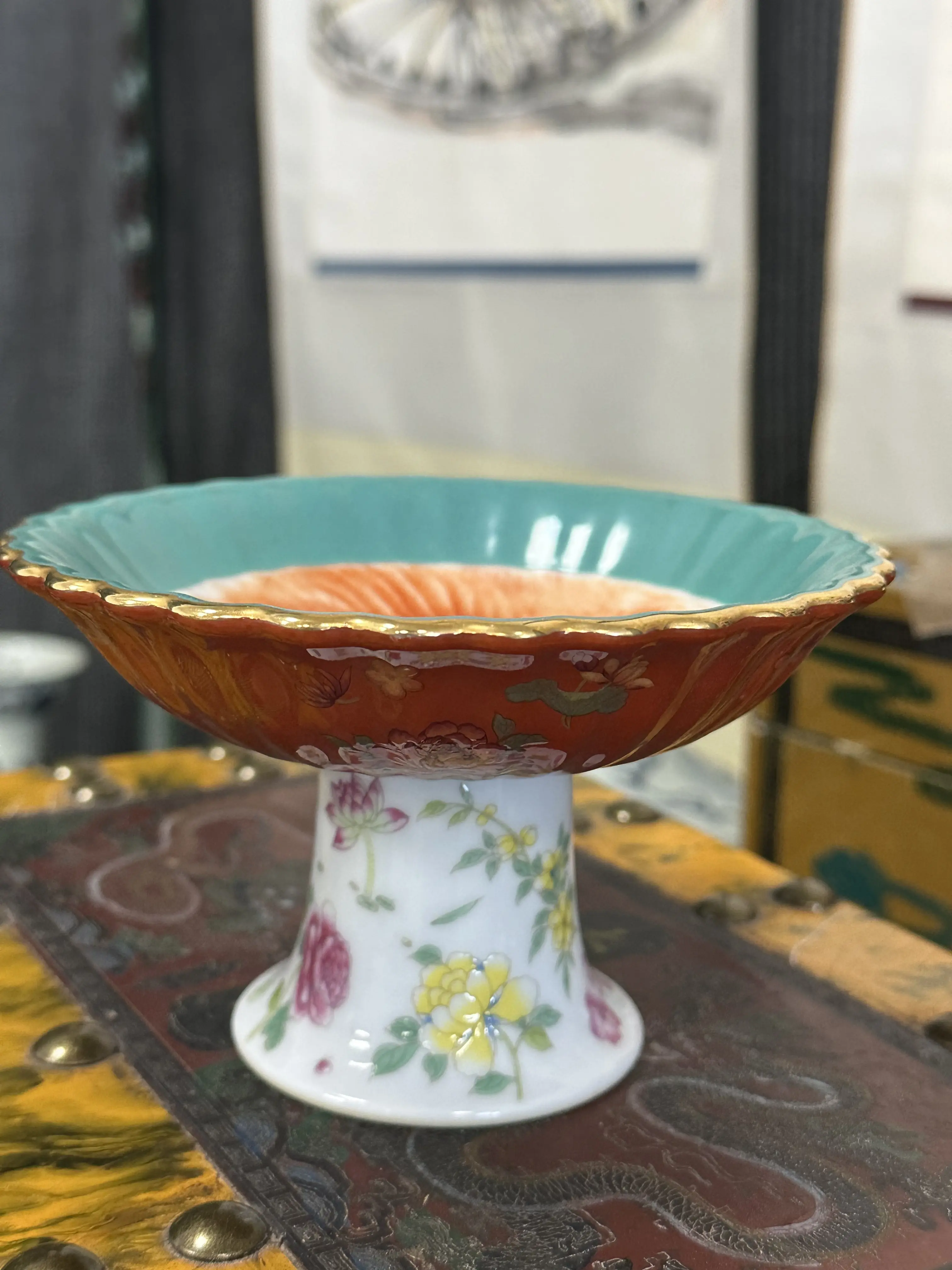 Vintage Chinese Gilded Dragon Tall Stem Dessert Plate