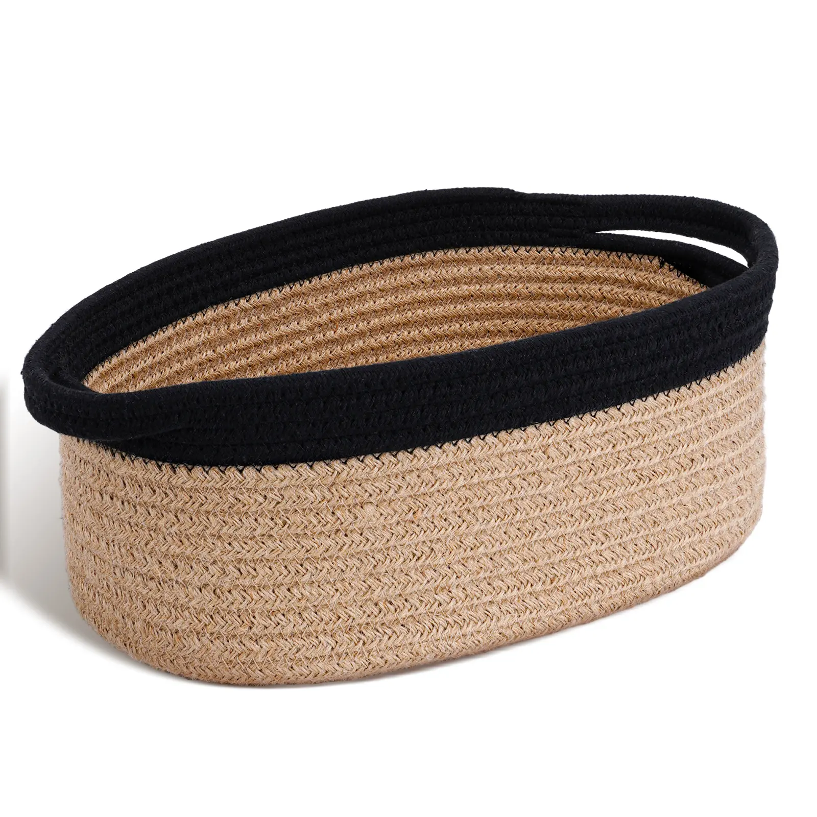 Sowyem Cute Small Woven Basket with Handles, 12"x 8" x 5" Rope Room Shelf Storage Basket Chest Box for Cat and Dog Toys, Empty Decorative Gift - Black Jute
