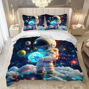 3-Piece cartoon astronaut galaxy quilt set, handheld shining earth in the starry night, fun planet scene, high definition image quality, four-season universal bedding, including 1 quilt cover and 2 pillowcases (excluding quilt core pillow core)