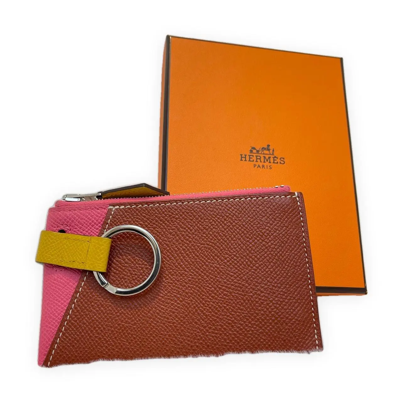 Pre-owned HERMÈS Epsom leather Shoulder Bags Calvi Duo brown, pink, yellow (tri color combination) Very Good S014260411031