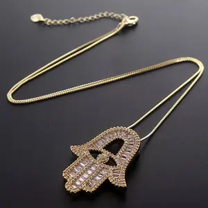 Vintage Luxury Fatima Hand Eye Pendant Necklace - 18K Golden Plated Copper Zirconia Stones, Bohemian Chic Jewelry Gift for Women Couple Fit Daily Wear