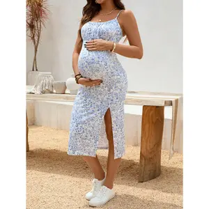 Women's Maternity All Over Floral Square Neck Sleeveless Suspender Dress - Casual Sweet, Slim Fit, Mid-Length with Slit Detail, Soft Stretch Eco-Fabrics, Summer Vibes