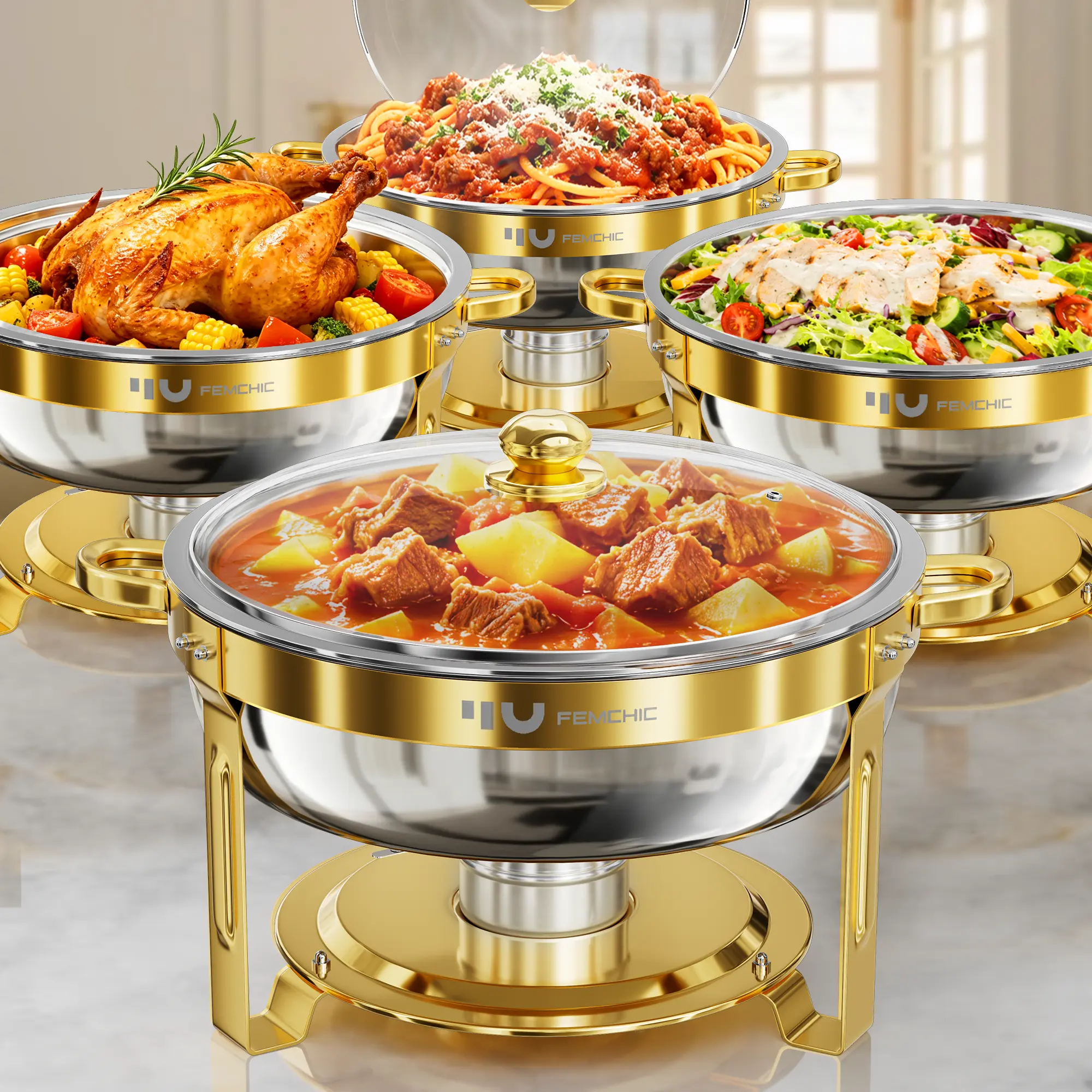 Femchic 6.5QT Gold Chafing Dishes for Buffet, 2/4 Pack Stainless Steel Round Chafer Set with Glass Lid, Stackable & Smooth Rim, Dishwasher Safe, for Catering, Parties, Weddings & Holiday Gatherings