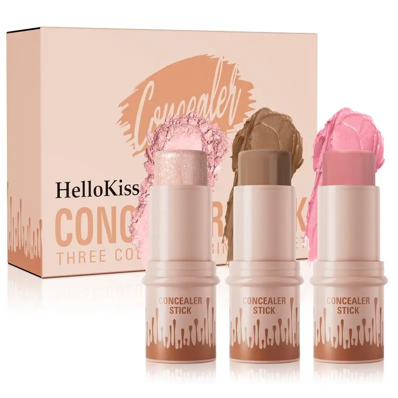Long-lasting concealer stick, 2 highlighters, sweat and transfer, blush and contour Lightweight waterproof formula for women and girls - bronzer makeup, durable cosmetic charm A（02#+08#+10#)