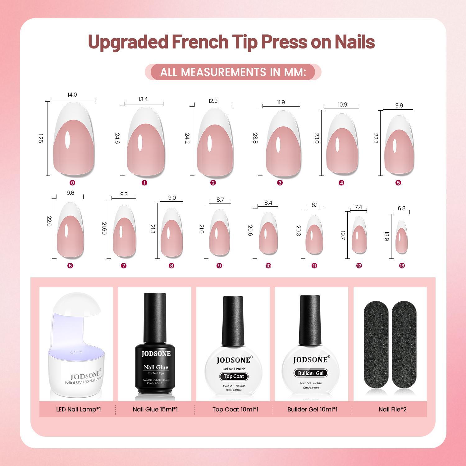 JODSONE 144pcs New Upgrade French Gel Nail Tips Kit French Tip Press on Nails Soft Fack Nail Tips Gel Nail Glue,Builder Gel,Top Coat,Nail Lamp All Included for Nail Art Easy DIY
