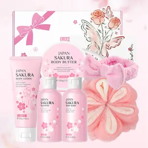 Laikou Sakura Bath Set, Body Care Sets, Includes Shampoo 100ML, Shower Gel 100g, Body Lotion 80g, Hair Oil Balm, Bath Ball, Headband, Card, Gift Box, Hydrating Soothing Best Gift