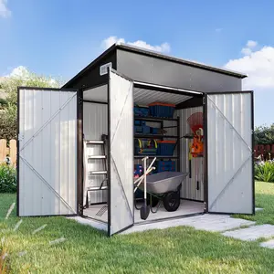 Aoxun 8ft x 4ft Galvanized Steel Outdoor Storage Shed – Lockable Triple Doors, Sloping Roof, Metal Cabinet, Robust Base, Solid Panels, Illustrated Guide for Garden, Backyard Storage