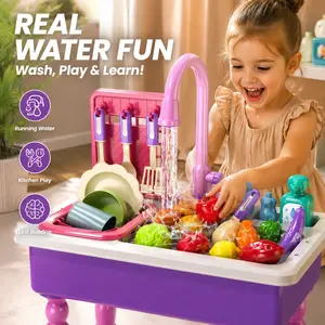Household Play Kitchen Sink Toy Set with Dishwasher Furniture Auto-Water Cycle System Food Vegetables & Cooking Tools New Year Gift for Kids Pretend Play Dishes Play Food Sets