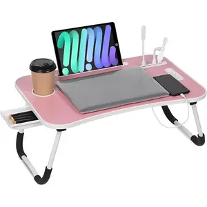 Foldable Laptop Table for Bed Portable Adjustable Desk with Cup Holder USB Charging Ports Storage Drawer Multi Function Laptop Tray for Sofa Floor Outdoor Use