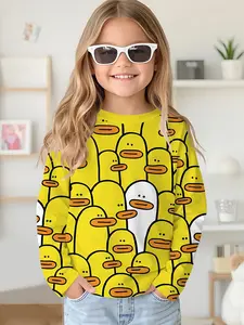 Long-sleeved round-neck drop-shoulder sweatshirt top T-shirt with yellow background and full-print duck digital printing, long-sleeved T-shirt clothing for girls in spring and autumn, 100% polyester, the best gift for girls
