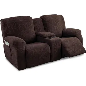 Recliner Loveseat Cover with Center Console, 2 Recliner Sofa Slipcover with Pockets Washable Stretch Reclining Couch Covers Furniture Protector with Elastic Straps (Coffee)