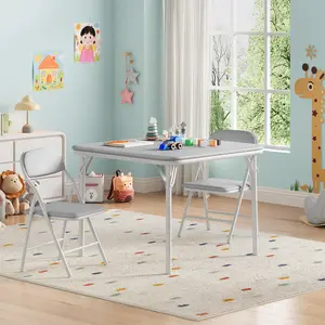 Folding Kids Table and Chairs Set  for Dining, Crafts, Learning, Daycare, Study Room 5-Piece, PU Soft Cushions, Durable Metal Frame, Portable Space-Saving Activity Furniture