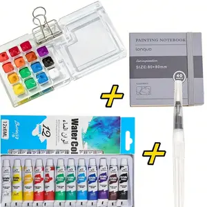 Mini Acrylic Paint Set, Featuring an 8/15-Well Palette, a Portable 12-Color Watercolor, Accompanied by a Watercolor Paper Notebook, Brushes, And Clips, Suitable for Painters, Artists, And Students, Art Supplies