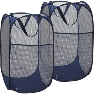 2 Pack Pop Up Laundry Hampers, Collapsible Mesh Laundry Basket, Foldable Clothes Hampers for Bathroom, College Dorm, Travel (Navy Blue)