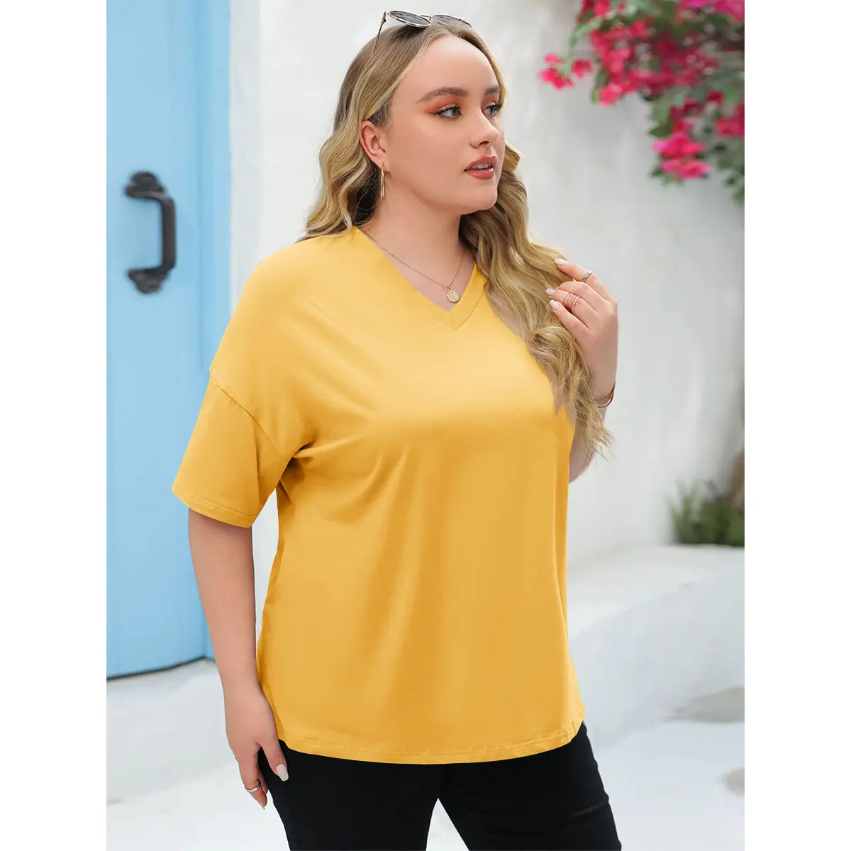 Tankaneo Women's Plus Size V Neck T Shirts Summer Half Sleeve Tees Casual Loose Fit Cotton Tunic Tops