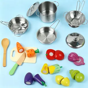 Wooden Play Food Kitchen Accessories Kids Cooking Playset with Stainless Steel Pots Pans Utensils Cutting Food Toy Apron Chef Hat Pretend Kitchen Set for Boys Girls Toddlers