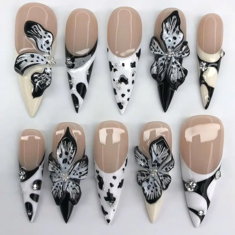 Black Orchid Press On Nails, Black White Floral Nails, Handmade Reusable Nail Set, Elegant Orchid Design, Glossy Nail Art, Meh Nail Art