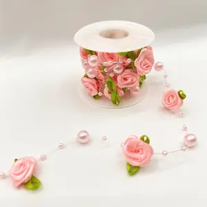 Elegant Rose Pearl Leaf Beaded Garland - 78.74 Inch Pearl & Leaf Ribbon | Perfect for Wedding Arch, DIY Crafts & Party Decorations
