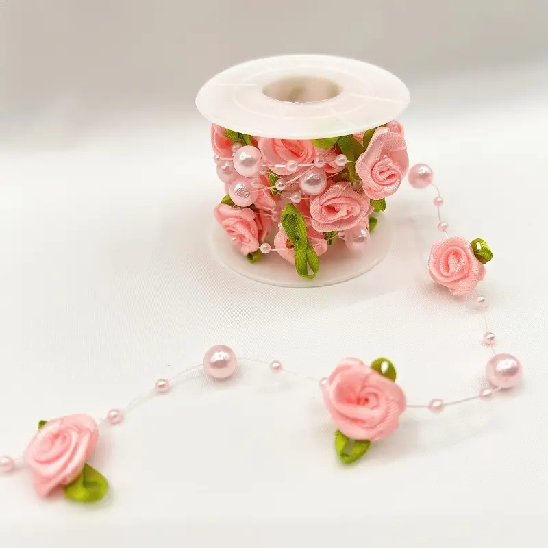 Elegant Rose Pearl Leaf Beaded Garland - 78.74 Inch Pearl & Leaf Ribbon | Perfect for Wedding Arch, DIY Crafts & Party Decorations, Birthday Party Decor, Party Decoration Supplies
