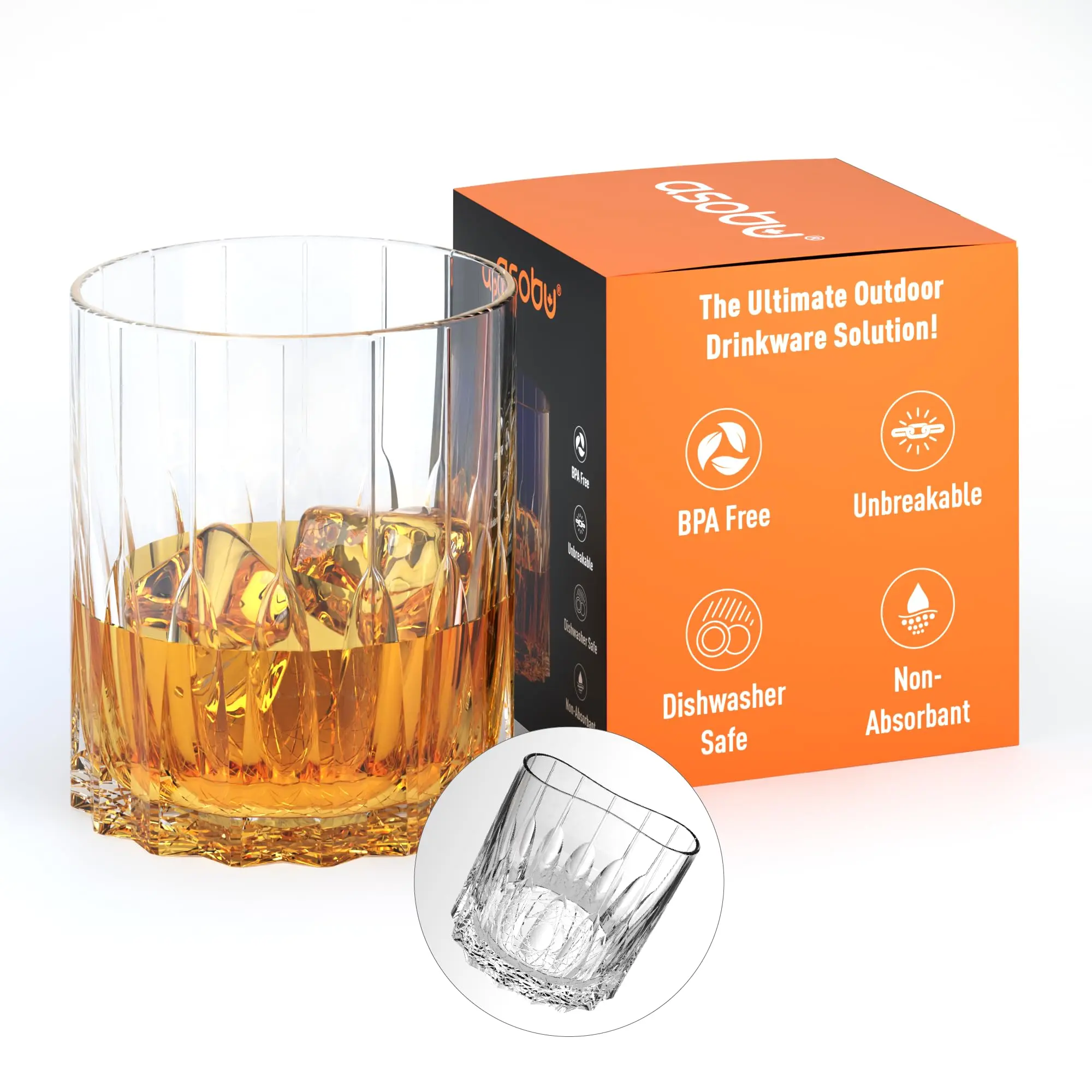 asobu Unbreakable Drinking Glass, Premium LSR Clear Whiskey Glass, Bourbon Rocks Glass, Whiskey Glass, Perfect Outdoor Drinkware, Ideal Gift Ideas for Men, Unique Patented Design