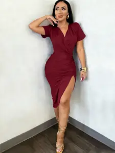 Elegant Women's Folded Collar Ruffled Short Sleeve Dress, Summer Dress, Party, Dance, Wedding, Commuter Style, Slim-Fitting