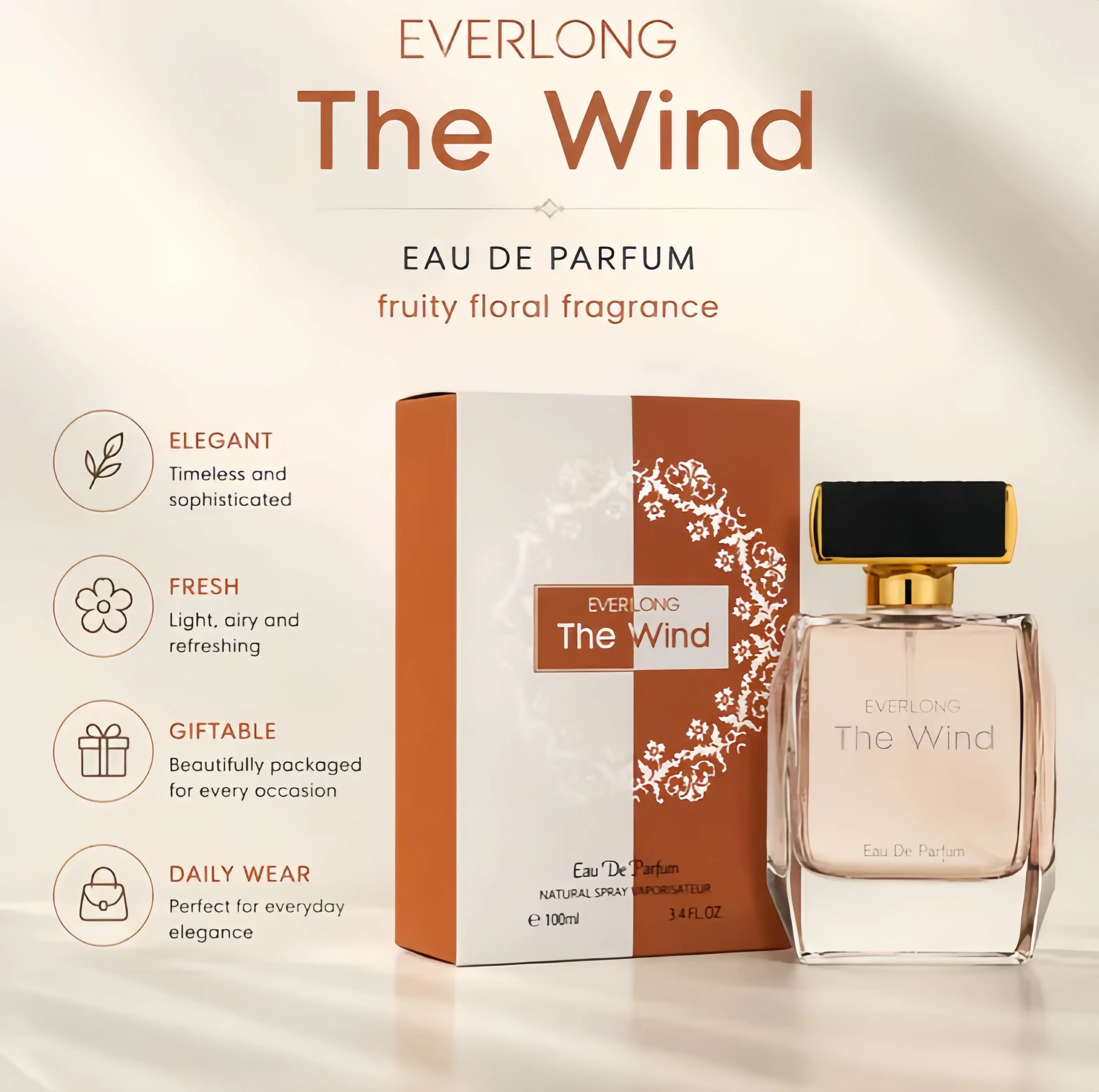 Embracing The Wind Women’s Eau de Parfum, 100ml | Gentle Fruity-Floral-Woody Gourmand Scent with Lemon, Pear, Jasmine, Rose, Cedar, Musk & Amber | Warm Sweet Long-Lasting Fragrance for Women