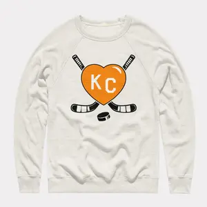Retro KC Mavs Hockey Stick Heart Vintage White Crew Neck, Game Day Ready Sweatshirt, Show Your KC Love, Gifts for Fans, Trending Us Streetwear, Viral on Tiktok Menswear Long Sleeve Casual Pullover
