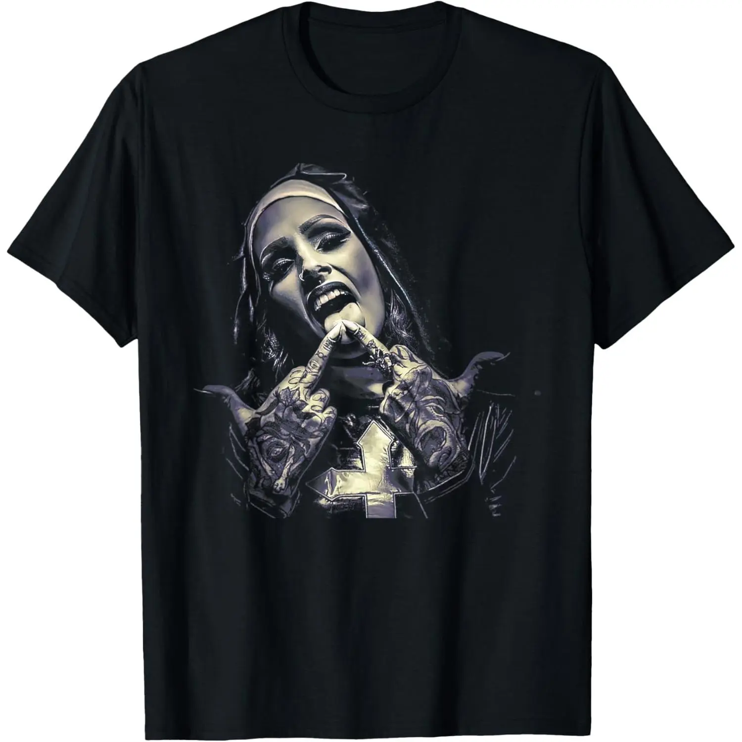 100% Cotton Casual Round Neck Short-Sleeve Sports Top - Relaxed Fit, Digital Print, Occult Theme Streetwear Outfits, Gothic Dark Satanic Nun Tattoos Unholy Nun Horror Apparel, Sports Tee