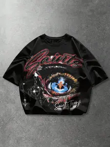 Saints Eye Print Loose T-Shirt, Rhinestone Font, High Saturation Eye Print, Handwritten Slogan, Y2K Grunge Style, Casual Wear