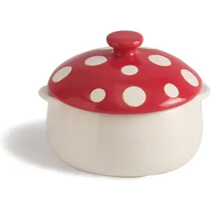 Cute Ceramic Mushroom Bowl with Lid 12oz Funny Soup Bowl for Salad Pasta Cereal Fruit Dessert Novelty Handpainted Double Eared Bowl for Kitchen (Red)