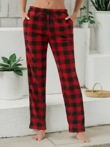 Women's Plaid Casual Long Pants, Fleece Lined with Adjustable Drawstring, Polar Fleece Comfortable for Fall & Winter, Christmas New Year Gift Winter Warm Checkered Trousers