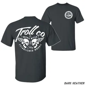 Troll Co Workwear Skull Wings Graphic T-Shirt for Men, Blue Collar Streetwear Tee, Heavy Duty Work Shirt, Mechanic Construction Worker Gift, Vintage Style Apparel