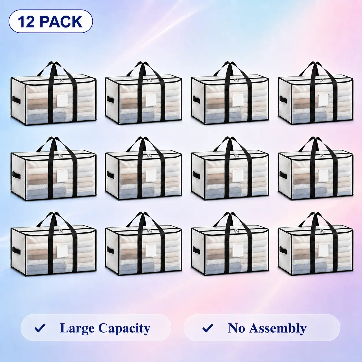 Heavy Duty Fabric Storage Bags (6 Pack/12 Pack) - 24-gal, 200lbs Capacity, Water Resistant Woven PP/PE, Strong Zipper, Tag Pocket, Space-Saving, Convenient and Sturdy, With Handle, Clear&Pink Shades, Fits All Dorm Must-Haves, Camping Home Organizers
