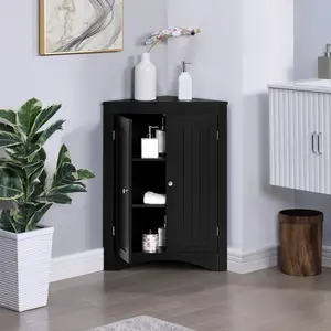 Corner Storage Cabinet, Bathroom Floor Corner Cabinet with Doors and Shelves,Free Standing Storage Cabinet for Bathroom, Kitchen, Living Room (Black)