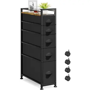 5 Drawer Narrow Dresser Slim Cabinet Skinny Storage Tower Chest, Ideal for Small Spaces Bathroom Bedroom, Between Washer and Dryer, Lightweight Mobile on Wheels, Sturdy Fabric Drawers, Black