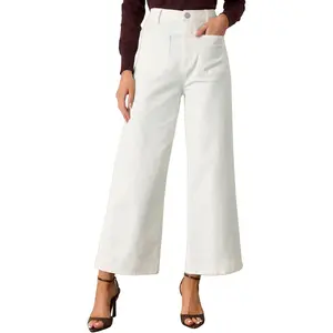 Women's High Waisted Cropped Wide Leg Jeans Stretchy Loose Denim Pants with Front Patch Pockets