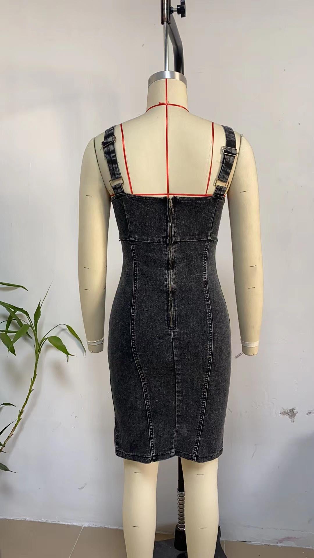 Cross-border Amazon Independent Station U-neck Sling Distressed Casual Style Denim Dress