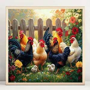 5D DIY Diamond Painting Kit, Chicken in Garden, Round Acrylic Diamonds, Full Drill Mosaic Craft Set, Frameless Embroidery Gift Set