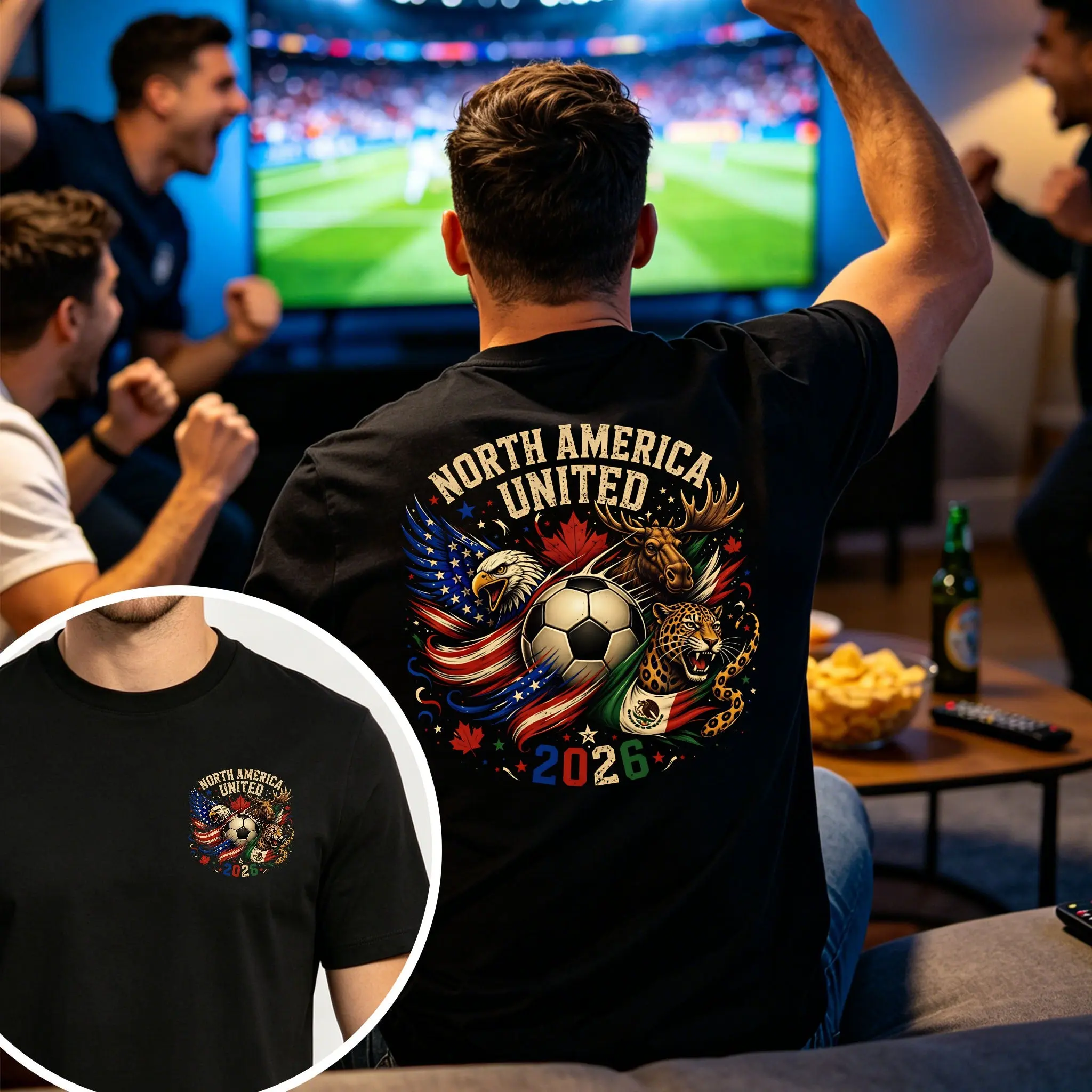 North America United Triple Mascot Soccer Double-Sided Men's Short Sleeve T‑Shirt, Tri-Nation Flag Stream Sport Graphic Tee, 100% Cotton Casual Streetwear Top, Athletic Fan Crewneck Shirt
